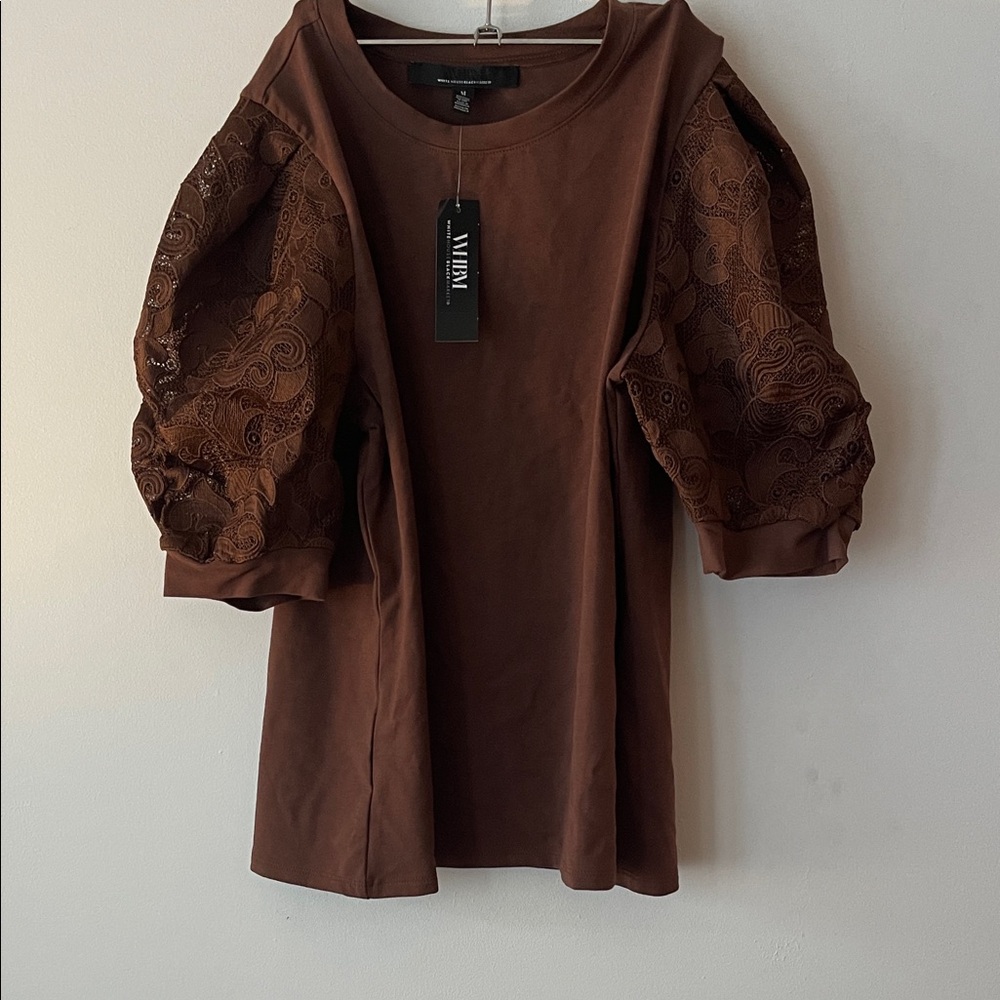 White House Black Market Chocolate Mousse Lace Sleeve Crew Neck Top